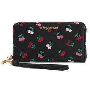 Betsey Johnson Cherry Embroidered Wristlet Wallet Women Black NWT